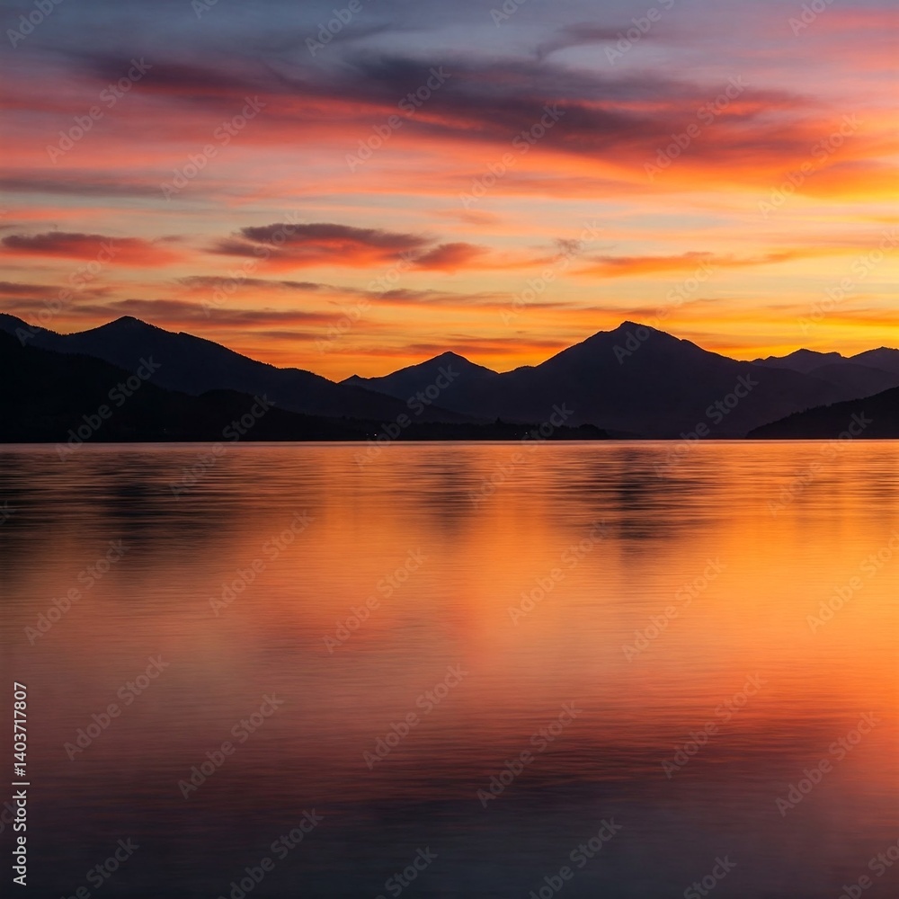 A lake at dusk with a distant mountain silhouette A lake at dusk with a distant mountain silhouette
