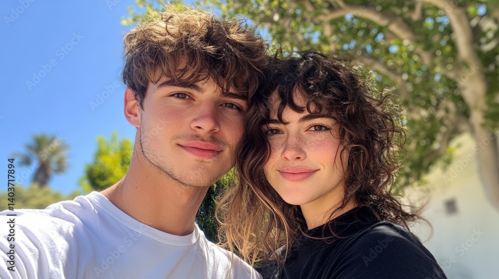 Fototapeta premium Young caucasian couple smiling in sunlit outdoor setting with trees in background