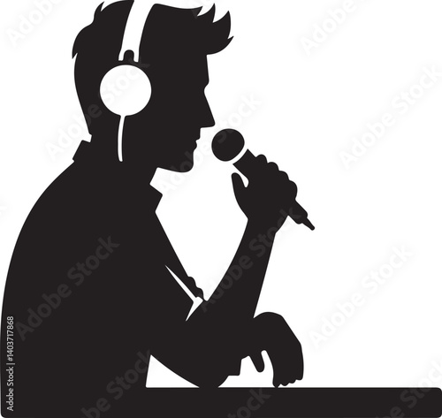 Silhouette of a person speaking into a microphone. Ideal for podcasting, radio shows, voiceovers, speech, media production, and audio content.