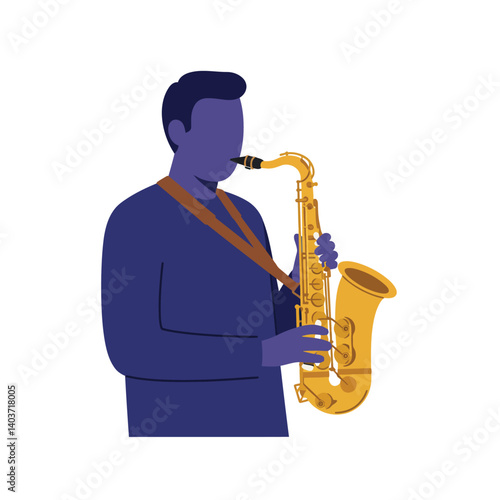 Saxophonist playing a golden saxophone in flat vector art style