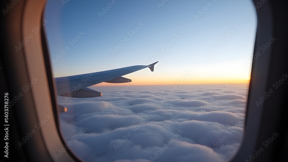 Obraz premium Airplane Window View of Clouds and Sunset Sky