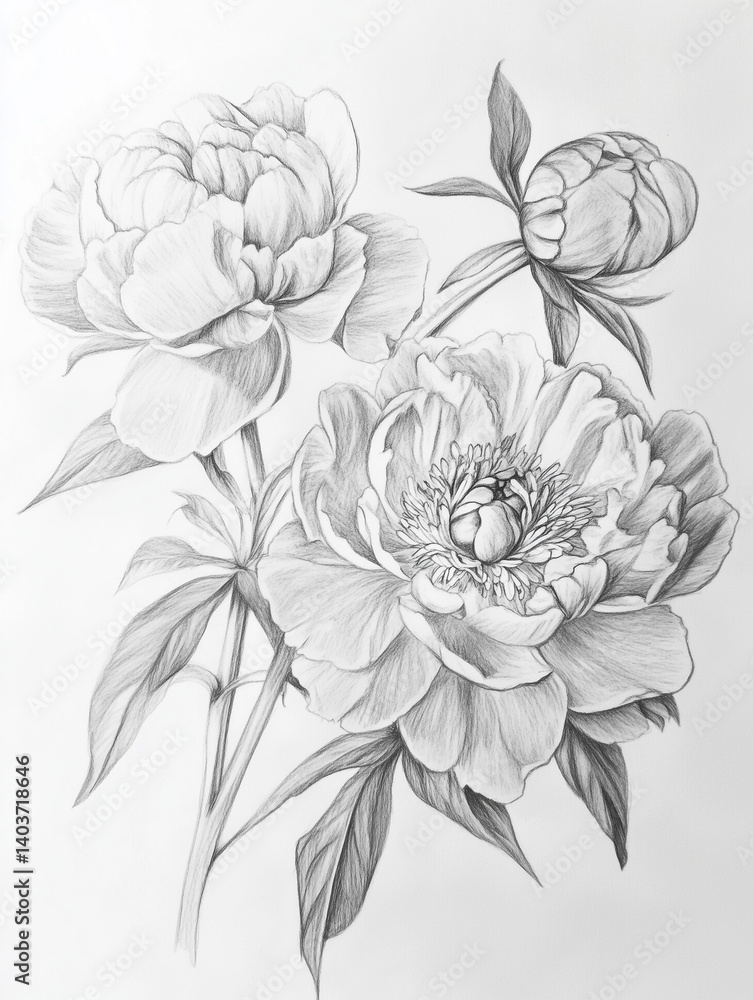 custom made wallpaper toronto digitalPencil sketch of blooming peonies in monochrome tones, realistic botanical artwork for decor