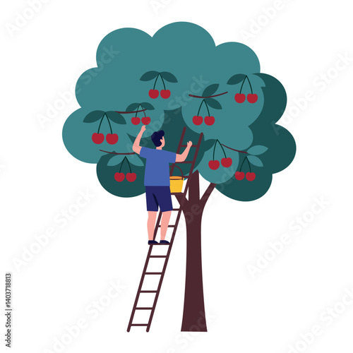 Man picking cherries from tree in flat and colorful vector art