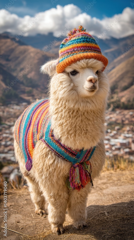 Obraz premium Cute Alpaca in Colorful Hat and Sweater Posing in Scenic Landscape