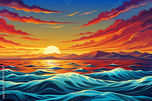sunset over the sea with little waves and beautiful clouds , ocean cartoon landscape