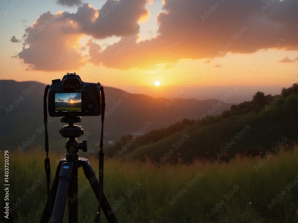 Sunset Photography With Camera On Tripod Capturing Golden Hour Landscape Sunset Photography With Camera On Tripod Capturing Golden Hour Landscape