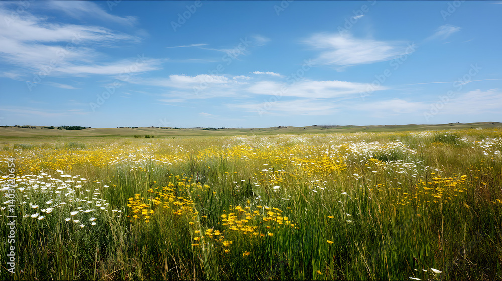 Scenic summer meadow landscape with wildflowers under a blue sky daylight Scenic summer meadow landscape with wildflowers under a blue sky daylight