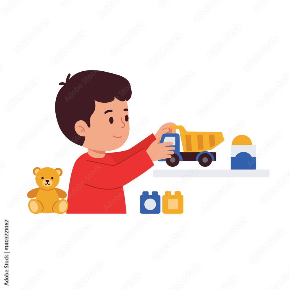 Child playing with toy truck in bright flat vector illustration Child playing with toy truck in bright flat vector illustration