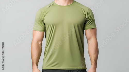 Muscular Man in Olive Green Short Sleeve T-Shirt on Grey Background