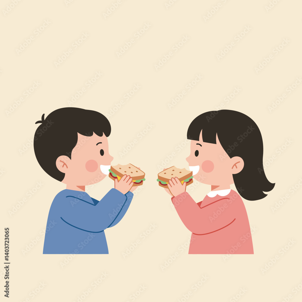 Children enjoying sandwiches in playful interaction, flat and colorful vector illustration Children enjoying sandwiches in playful interaction, flat and colorful vector illustration