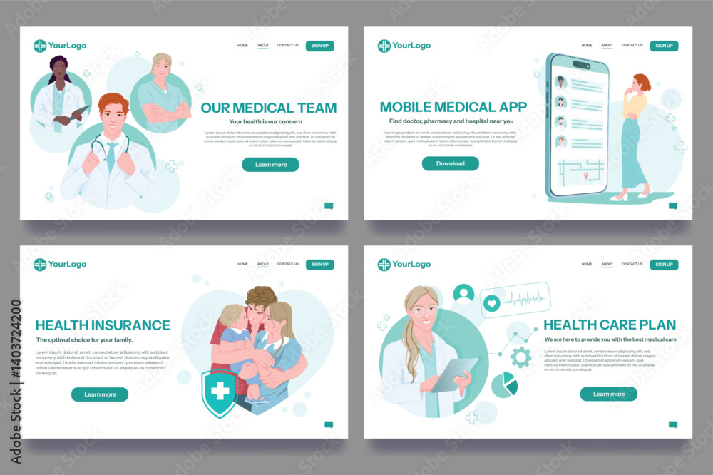 Medical web banners set. Landing page design for health insurance and app for online consultations with doctor. Treatment of diseases. Flat vector illustration collection isolated on background Medical web banners set. Landing page design for health insurance and app for online consultations with doctor. Treatment of diseases. Flat vector illustration collection isolated on background
