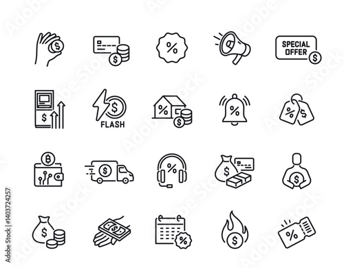 Set of money related line icons. Simple symbols with shopping, mortgage, discount coupon, credit card, cash and ATM. Editable stroke. Outline vector illustration collection isolated on background