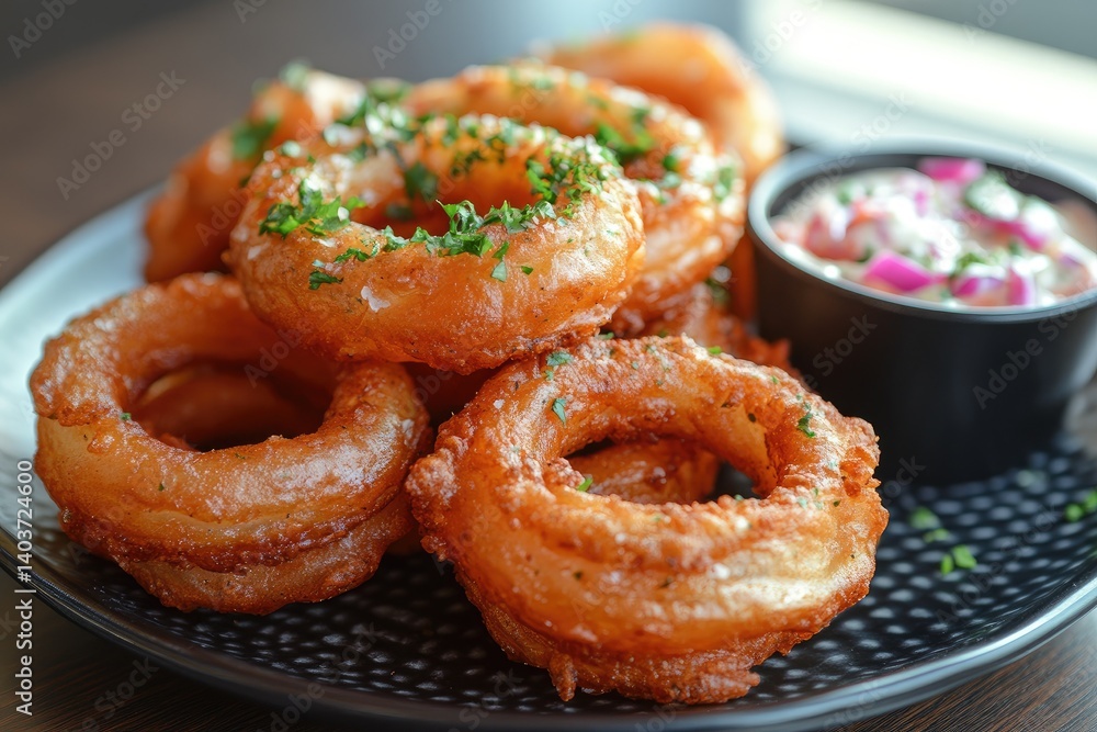 Golden Fried Onion Rings with Parsley and Dip Golden Fried Onion Rings with Parsley and Dip