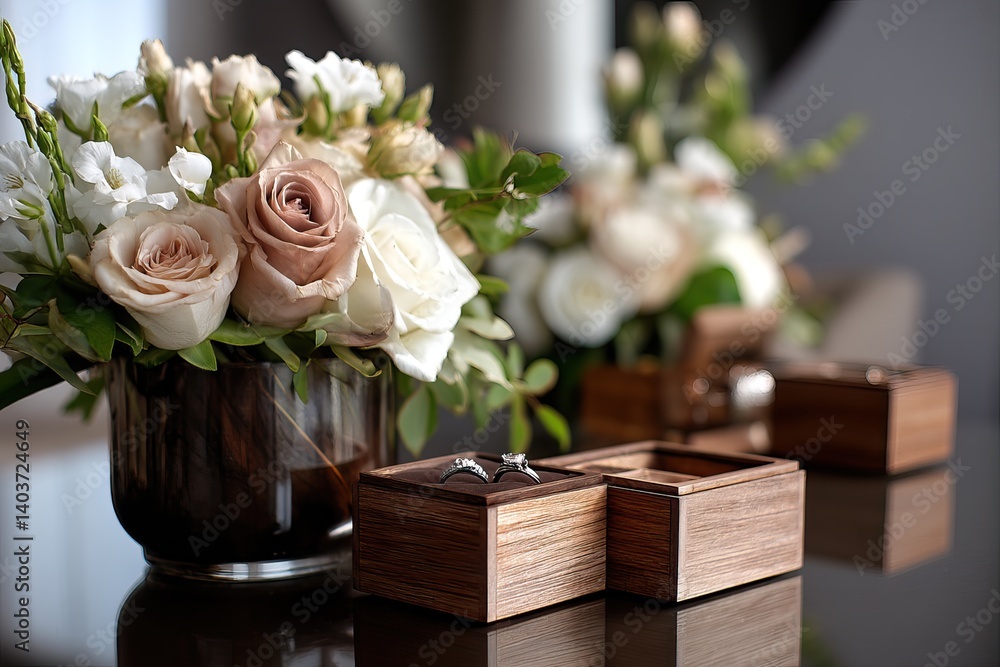 Fototapeta premium Wedding rings in a wooden box and a bouquet with roses. AI generated image