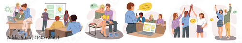 Scenes of university students discussing project. Teenage students coming up with idea, speaking at project presentation and celebrating success. Hand drawn vector illustration isolated on background