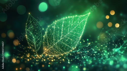 Digital leaves with glowing network connections.