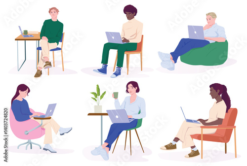 Set of remote workers. Happy male and female freelancers or employees doing tasks on laptop while sitting in home office workspace. Flat vector illustration collection isolated on background