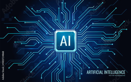 Banner with AI microchip. Tech blue background with artificial intelligence on motherboard, CPU processor or semiconductor. Light circuit board. Realistic neon vector illustration
