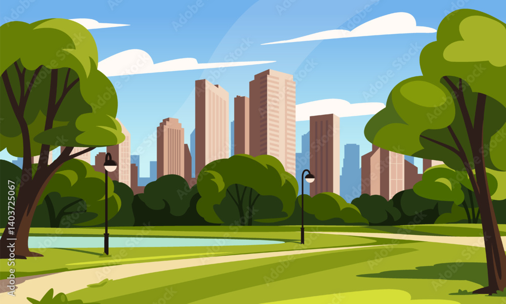 Fototapeta premium City park landscape. Beautiful natural scenery with trees, green fields and lake against backdrop of tall city skyscrapers. Environmentally friendly town. Cartoon flat vector illustration