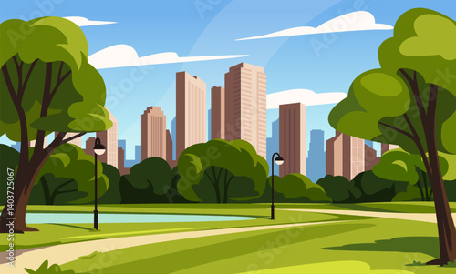 City park landscape. Beautiful natural scenery with trees, green fields and lake against backdrop of tall city skyscrapers. Environmentally friendly town. Cartoon flat vector illustration