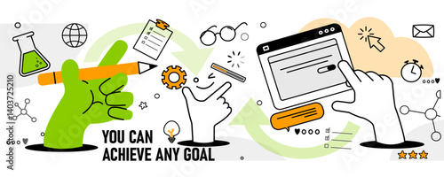 Abstract Education Banner. Background with school supplies, pencil and chemical flask. E learning, studying, gaining knowledge on online course or webinar. Outline doodle vector illustration