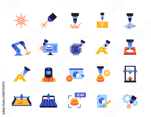 Set of icons related to laser cutting. Colorful signs with 3D milling machine, laser engraving and router machine. Design element for app. Flat vector illustration collection isolated on background
