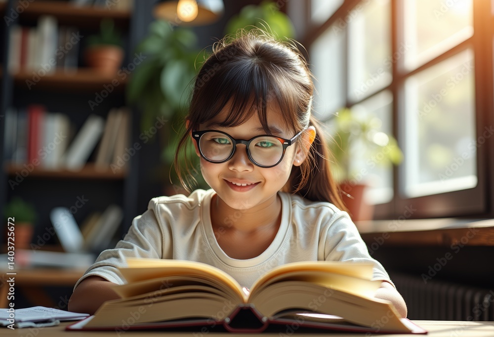 Young Asian girl smiling while studying a textbook in a cafe Young Asian girl smiling while studying a textbook in a cafe