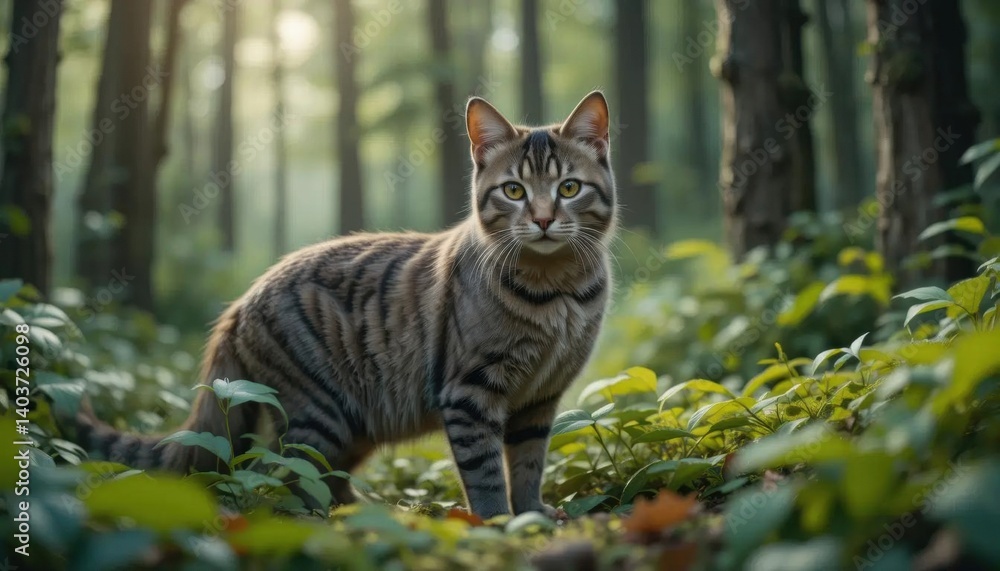 Tabby Cat in Sun-Dappled Forest Undergrowth Tabby Cat in Sun-Dappled Forest Undergrowth