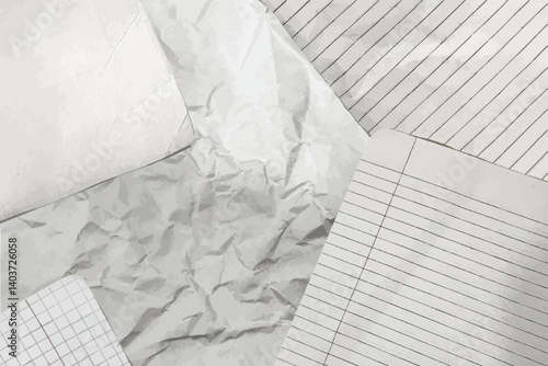 Dusty textured background with paper collage. Banner with wrinkled and crumpled sheets of checkered, striped and craft paper. Torn out notebook pages. Realistic vector illustration in halftone style