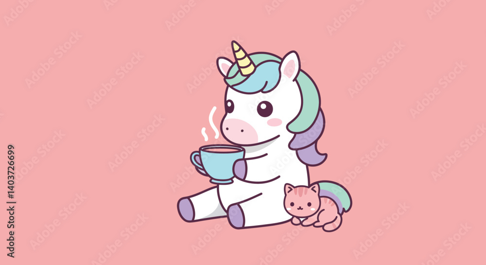 Cute unicorn with a cup of tea and a cat in flat vector art Cute unicorn with a cup of tea and a cat in flat vector art