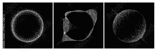 Set of white dotted abstract shapes. Stipple disintegrating curved circles on black background. Halftone textured spheres with dispersing particles. 3D vector isolated illustration collection