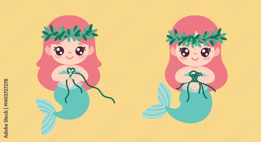Cute mermaid character changing pose in flat vector illustration Cute mermaid character changing pose in flat vector illustration