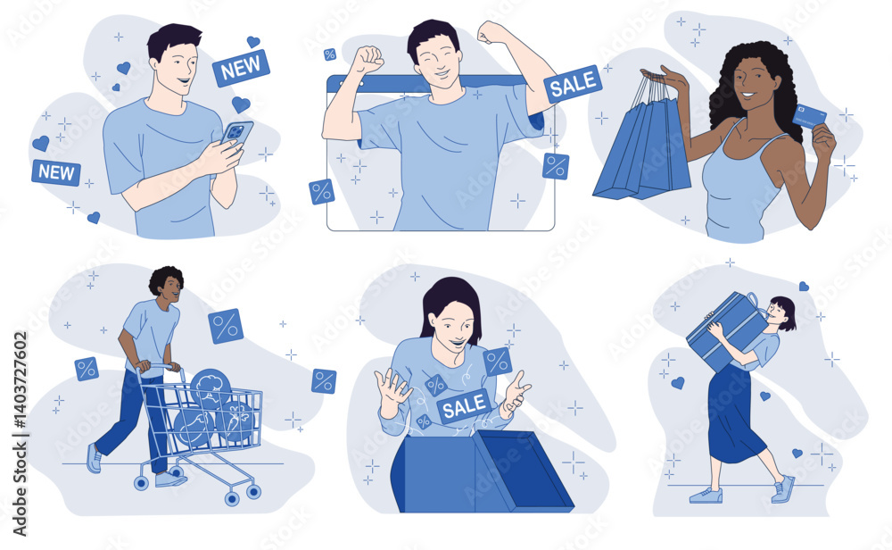 Online shopping. Set of scenes of happy men and women making purchases on Internet, ordering home delivery and spending money on sales. Flat vector illustration collection isolated on background Online shopping. Set of scenes of happy men and women making purchases on Internet, ordering home delivery and spending money on sales. Flat vector illustration collection isolated on background