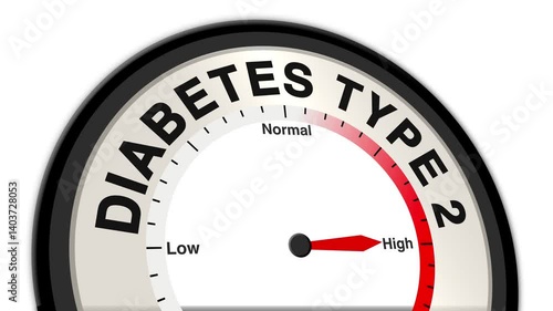 Diabetes Type 2 text or word shown with a barometer or tachometer-style gauge, representing varying levels of blood sugar control and insulin resistance severity