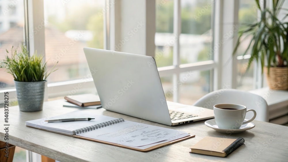 A clean, modern office desk setup featuring a opened laptop, a notepad with handwritten notes. cup of coffee on laptop A clean, modern office desk setup featuring a opened laptop, a notepad with handwritten notes. cup of coffee on laptop