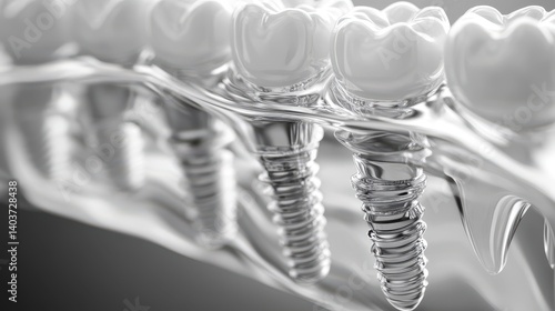 Close-up of dental implants submerged in transparent liquid.