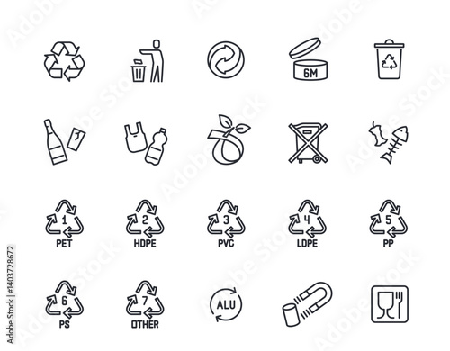 Universal recycling line icons set. Simple symbols with household waste, plastic, trash bins for sorting and reuse signs. Editable stroke. Outline vector illustration collection isolated on background