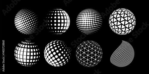 Round dotted shape set. Spheres with geometric figures in halfton style. Grid globe elements. Tech design elements for futuristic posters. 3D vector illustration collection isolated on background