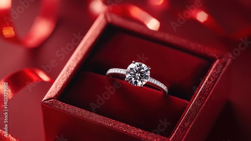 Elegant diamond ring showcased in a luxurious red velvet box surrounded by red ribbons.