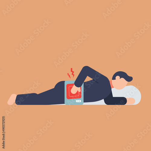 Person using heating pad for back pain relief in flat vector art
