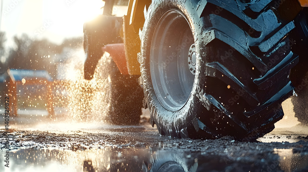 Tractor tire getting washed with high-pressure hose in bright sunlight