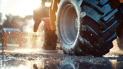 Obraz na płótnie Tractor tire getting washed with high-pressure hose in bright sunlight w salonie