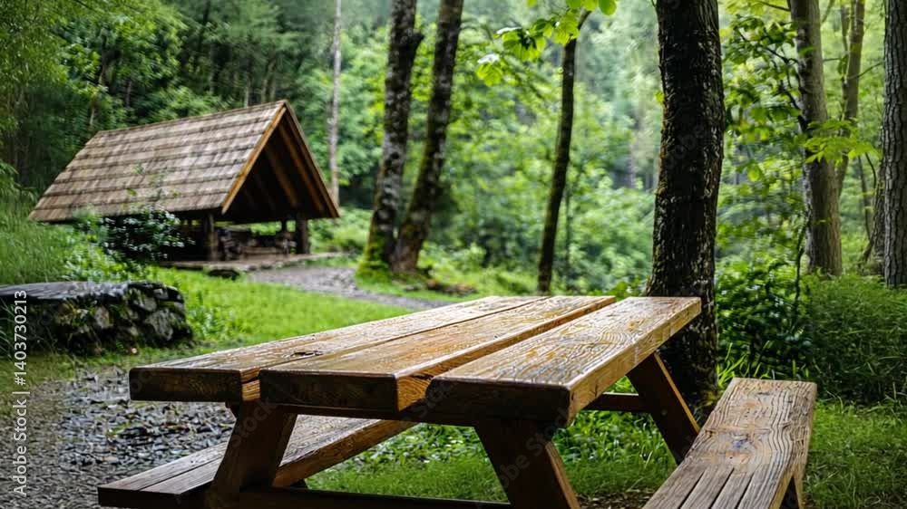 Wooden picnic table in a serene forest setting with a rustic shelter in the background Wooden picnic table in a serene forest setting with a rustic shelter in the background