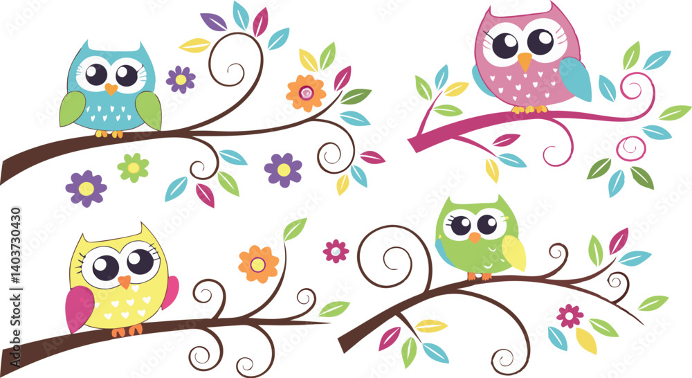 Obraz premium Cute Cartoon Owls on Tree Branches – Colorful Vector Illustration Set