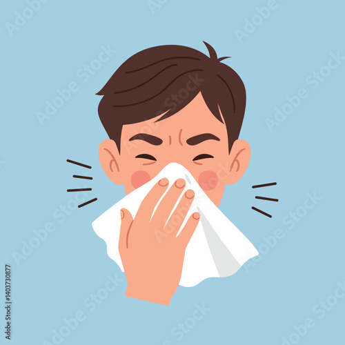 Young man sneezing into tissue in flat cartoon style vector art