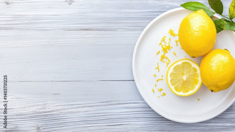 Lemons on Plate: Two whole lemons and a lemon half with zest on a white plate. The lemons are vibrant yellow, and a sprig of green leaves adds a touch of freshness. Lemons on Plate: Two whole lemons and a lemon half with zest on a white plate. The lemons are vibrant yellow, and a sprig of green leaves adds a touch of freshness.
