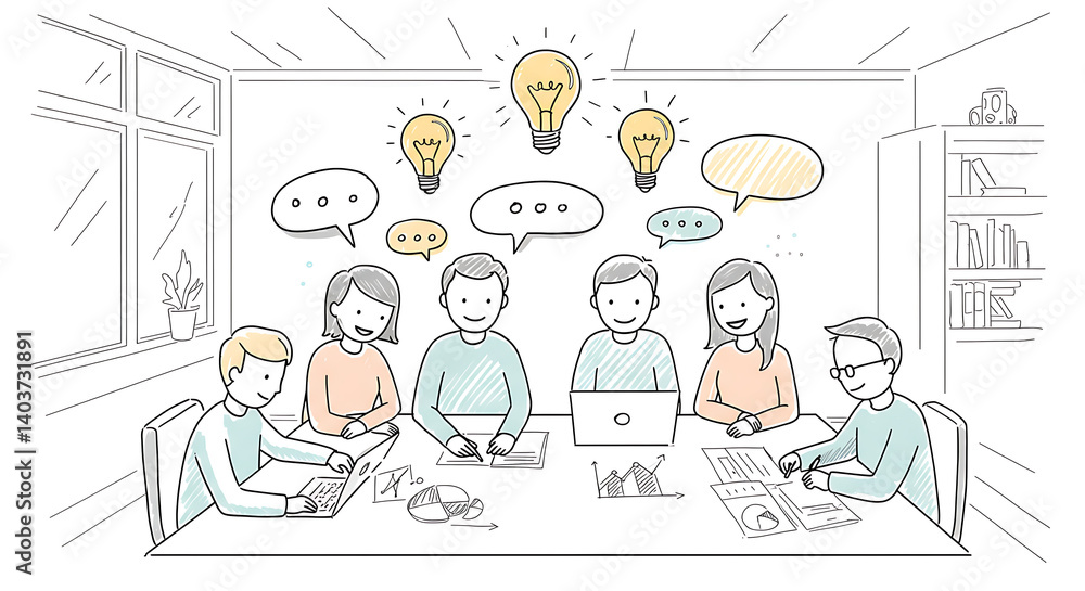 Sketch of a team brainstorming in an office with lightbulbs, graphs, and speech bubbles Sketch of a team brainstorming in an office with lightbulbs, graphs, and speech bubbles