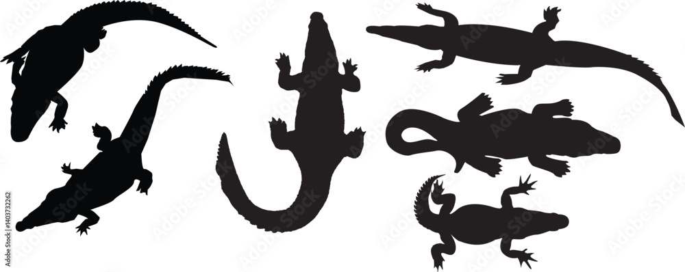 Silhouettes, alligators, crocodiles, reptiles, prehistoric creatures, black shapes, white background, simple design, flat icons, diverse poses, wildlife collection Silhouettes, alligators, crocodiles, reptiles, prehistoric creatures, black shapes, white background, simple design, flat icons, diverse poses, wildlife collection