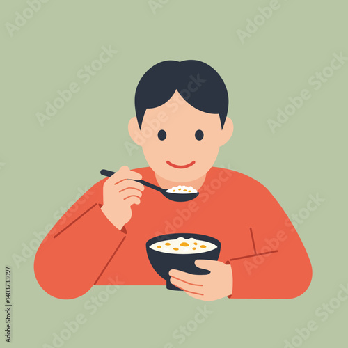 Boy enjoying a bowl of cereal in flat vector art illustration