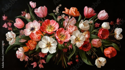 Vibrant bouquet of tulips and assorted flowers against a black background.